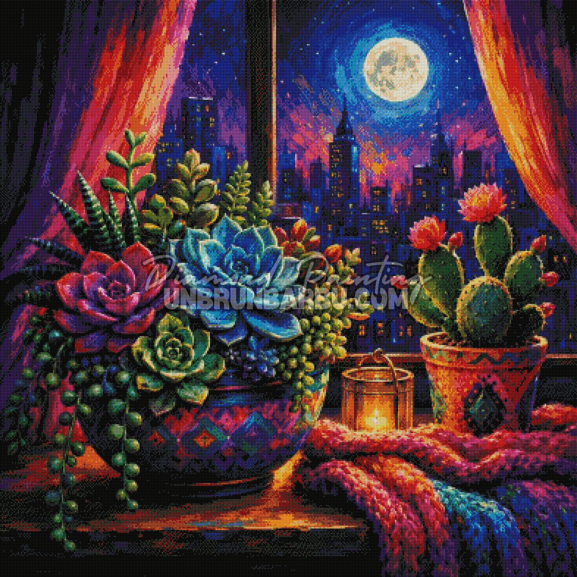 Rendu diamanté du Diamond Painting Cactus sous la Pleine Lune 100x100 cm