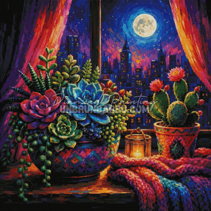 Rendu diamanté du Diamond Painting Cactus sous la Pleine Lune 100x100 cm