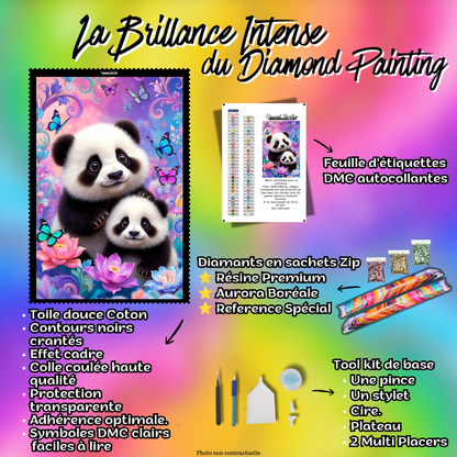 Kit Diamond Painting Premium Câlin de Pandas avec toile coton, diamants en sachets zip, accessoires et feuille DMC