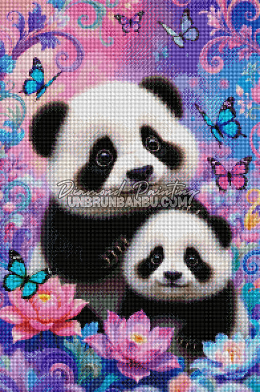 Layout Diamond Painting Câlin de Pandas mettant en valeur les couleurs pastel, les pandas et les nombreux détails floraux