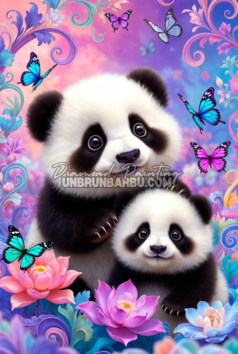 Diamond Painting Câlin de Pandas 50x75 cm représentant une maman panda et son petit entourés de fleurs et de papillons