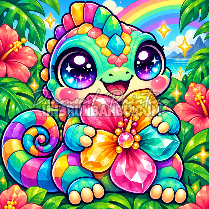 Diamond Painting Cameleon a l Hibiscus de Cristal 60x60 cm avec lagon tropical, fleurs et arc-en-ciel