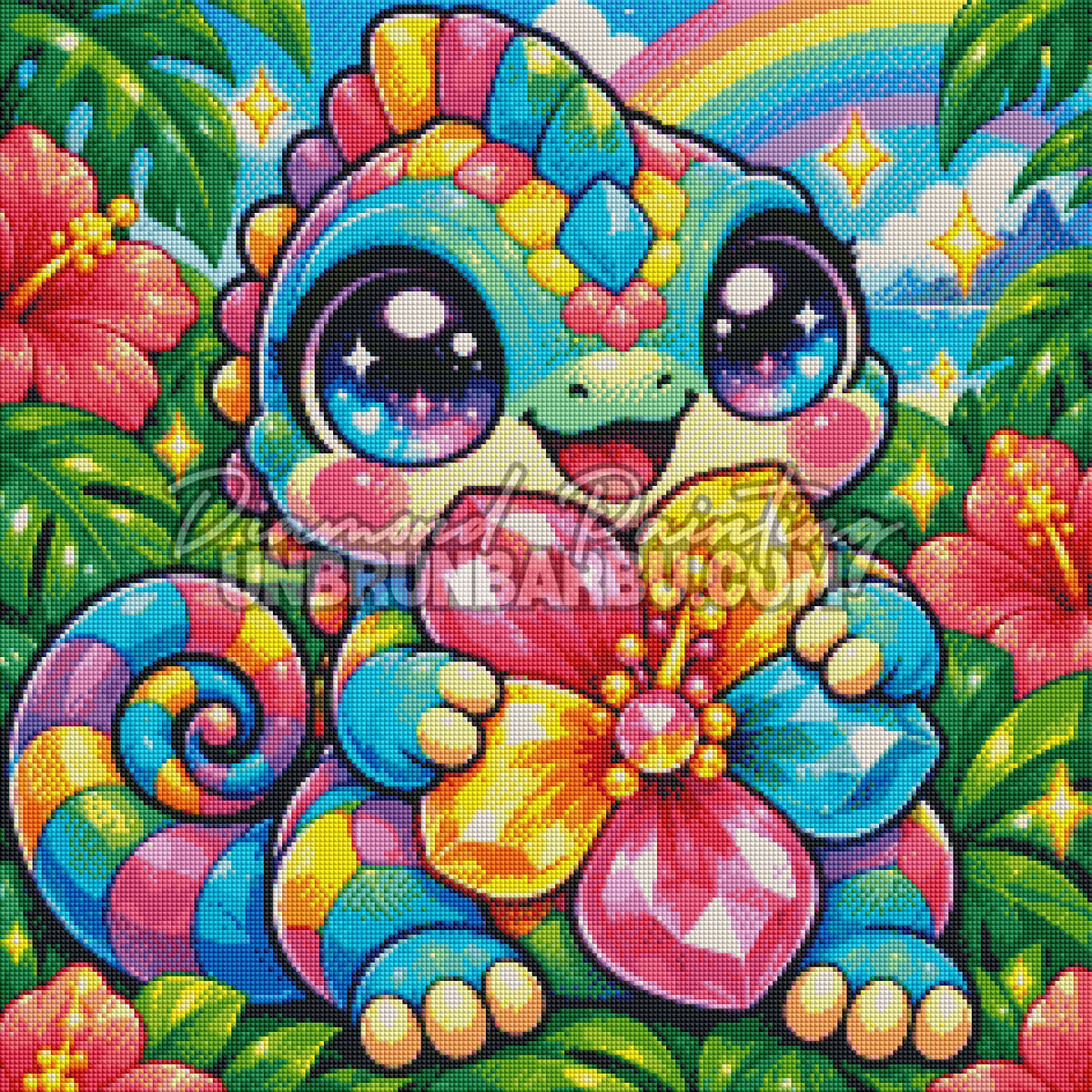 Rendu en Cristaux du Diamond Painting Cameleon a l Hibiscus de Cristal 60x60 cm avec fleur et queue multicolores