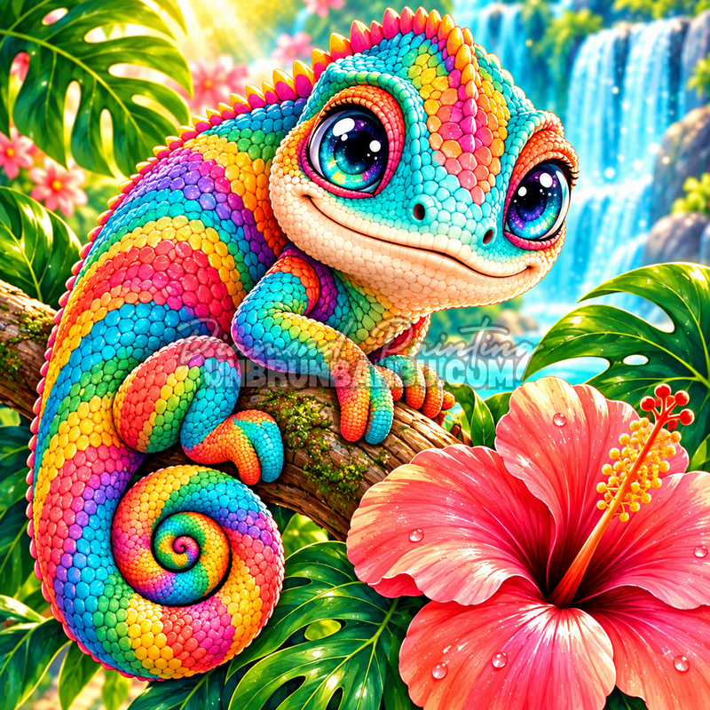 Diamond Painting Caméléon Tropical 90x90 cm avec reptile arc-en-ciel, hibiscus rose et cascade