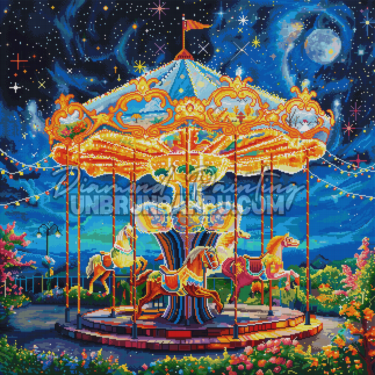 Rendu diamanté du Carrousel de la Nuit Étoilée 80x80 cm avec manège lumineux et ciel cosmique bleu
