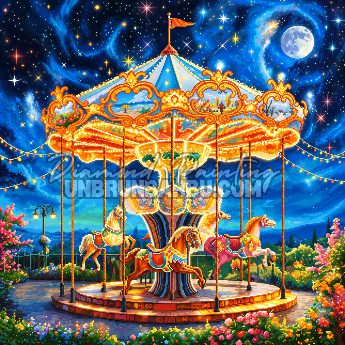 Diamond Painting Carrousel de la Nuit Étoilée 80x80 cm avec chevaux dorés, pleine lune et jardin fleuri