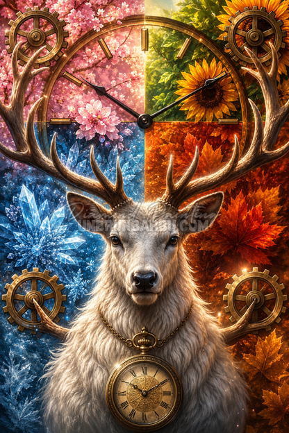 Diamond Painting Cerf des Quatre Saisons 60x90 cm avec horloge, fleurs, feuilles et cristaux de glace