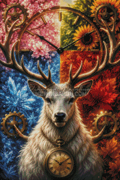 Rendu diamanté du Diamond Painting Cerf des Quatre Saisons 60x90 cm avec montre ancienne et engrenages