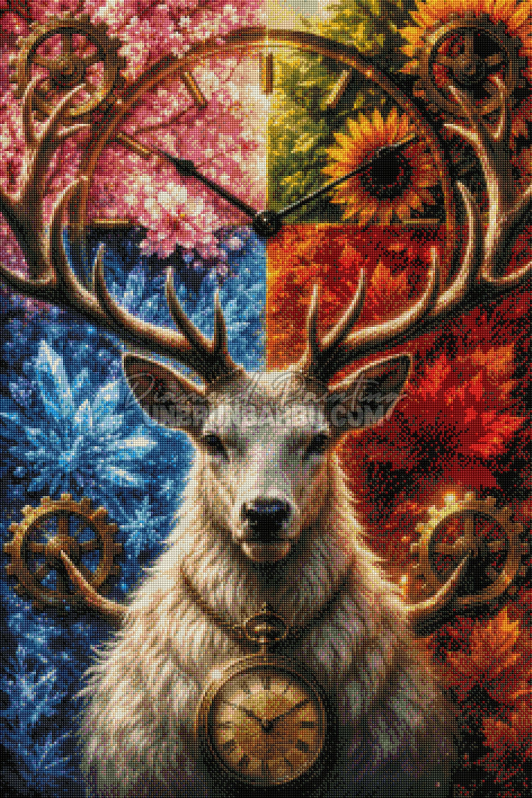 Rendu diamanté du Diamond Painting Cerf des Quatre Saisons 60x90 cm avec montre ancienne et engrenages