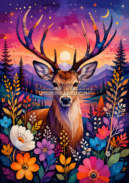 Diamond Painting Cerf du Soleil Couchant 70x100 illustration nature