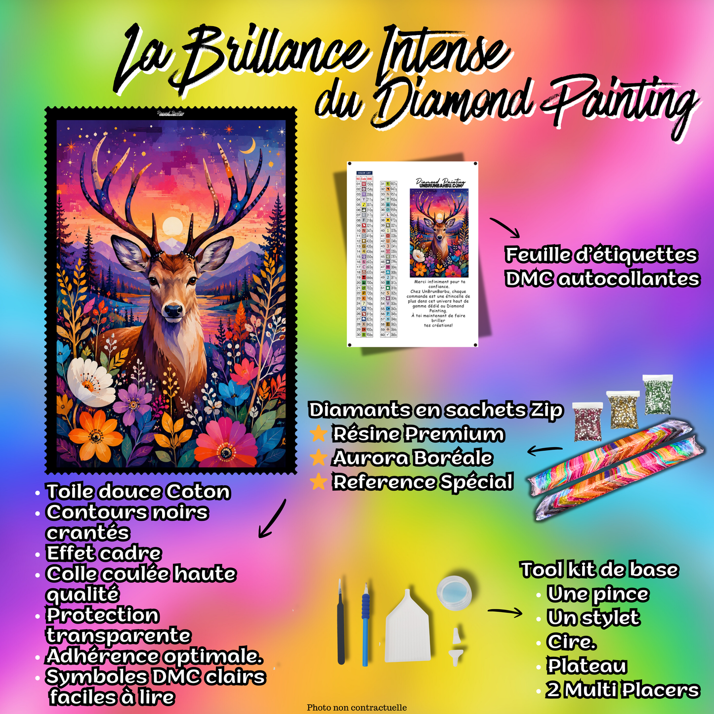 Kit complet Diamond Painting Cerf du Soleil Couchant 70x100 avec accessoires inclus