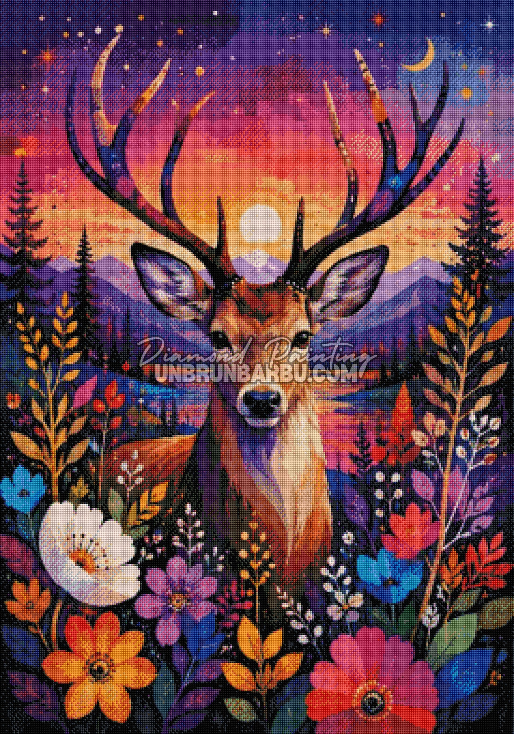Diamond Painting Cerf du Soleil Couchant 70x100 rendu diamante complet