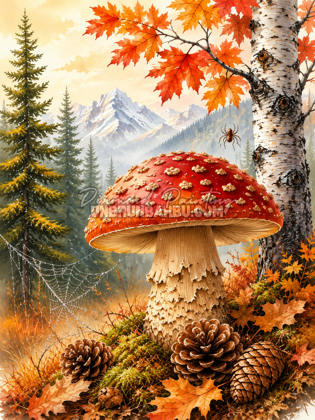 Diamond Painting Champignon aux Couleurs d’Automne 50x70 cm dans une forêt avec feuilles orange et montagnes