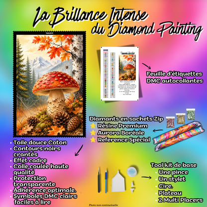 Kit complet Diamond Painting Champignon aux Couleurs d’Automne 50x70 cm avec diamants Premium et accessoires