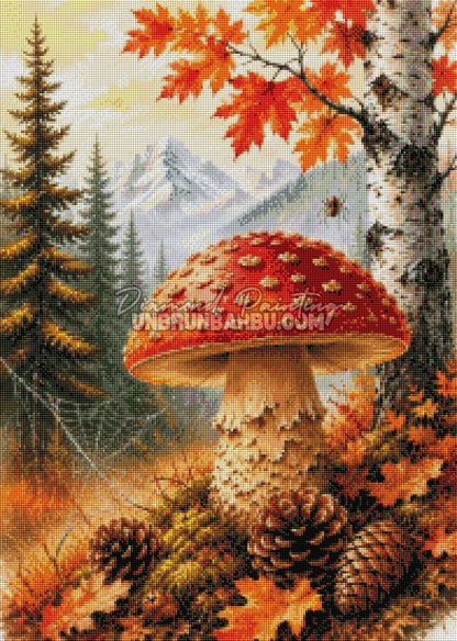 Rendu diamanté du grand champignon rouge entouré de pommes de pin, feuilles d’automne et sapins