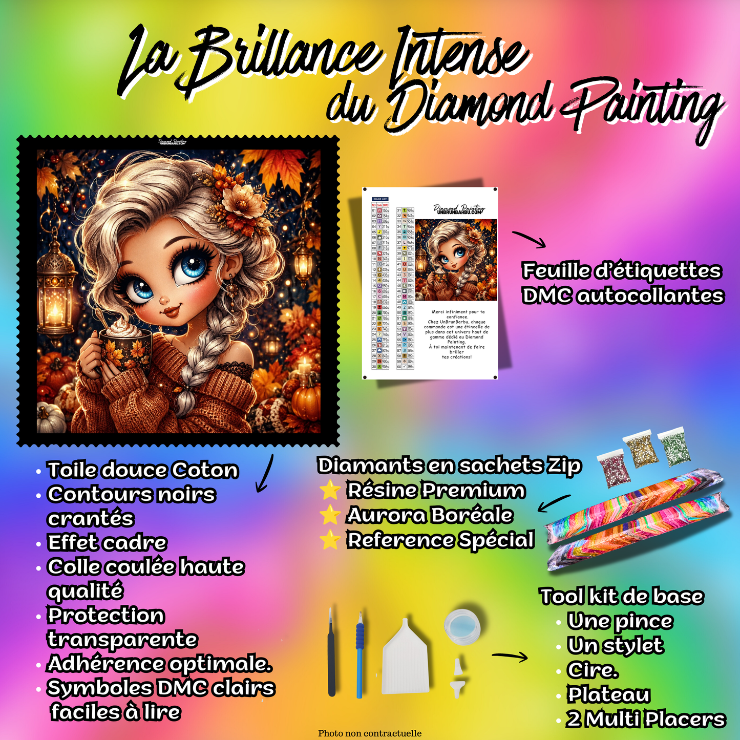 Kit premium Diamond Painting Charme des Soirées d'Automne avec toile coton, diamants en sachets zip, étiquettes DMC et accessoires
