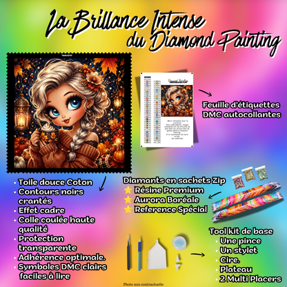 Kit premium Diamond Painting Charme des Soirées d'Automne avec toile coton, diamants en sachets zip, étiquettes DMC et accessoires
