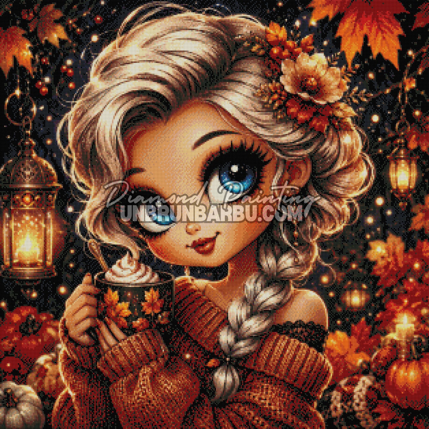 Layout Diamond Painting Charme des Soirées d'Automne 80x80 cm avec aperçu diamanté du portrait automnal et des lanternes