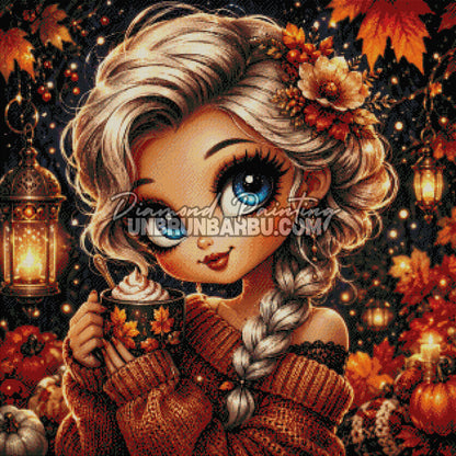 Layout Diamond Painting Charme des Soirées d'Automne 80x80 cm avec aperçu diamanté du portrait automnal et des lanternes