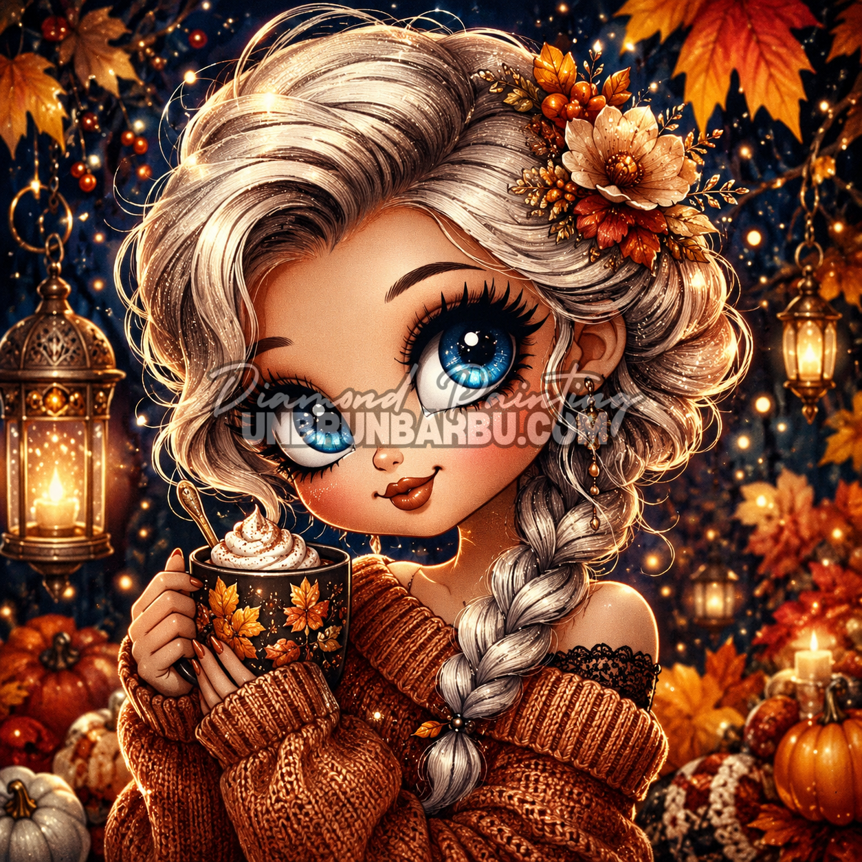 Diamond Painting Charme des Soirées d'Automne 80x80 cm avec portrait kawaii, tasse gourmande, lanternes et feuilles d’automne