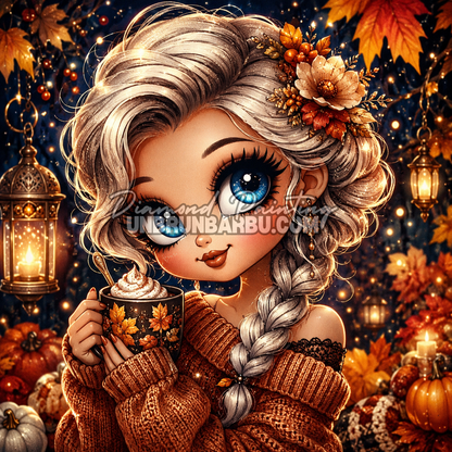 Diamond Painting Charme des Soirées d'Automne 80x80 cm avec portrait kawaii, tasse gourmande, lanternes et feuilles d’automne
