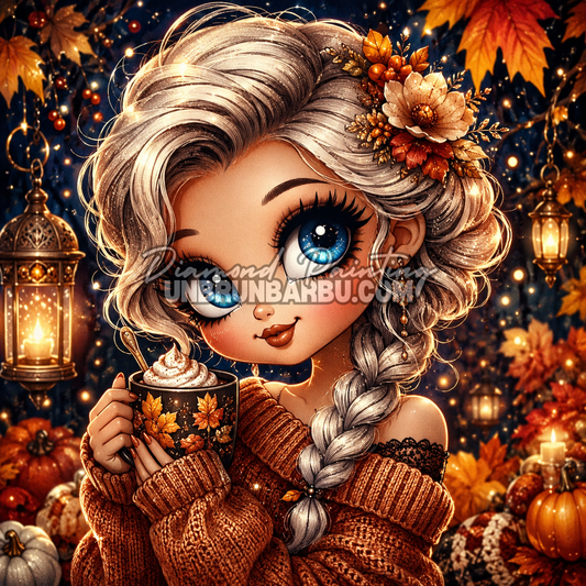 Diamond Painting Charme des Soirées d'Automne 80x80 cm avec portrait kawaii, tasse gourmande, lanternes et feuilles d’automne