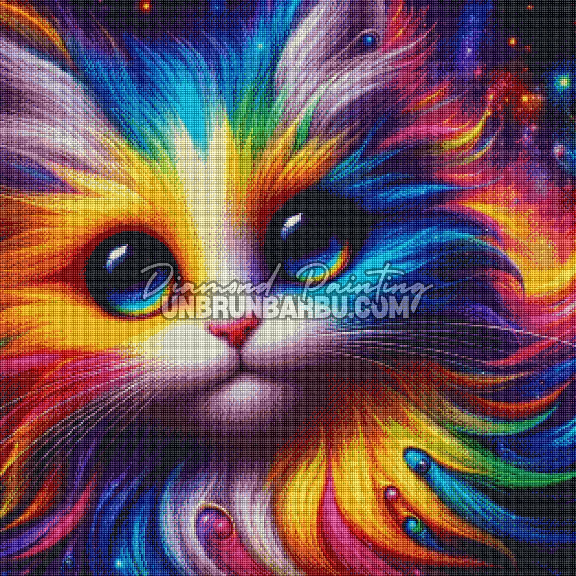 illustration diamond painting chat couleurs arc en ciel yeux brillants