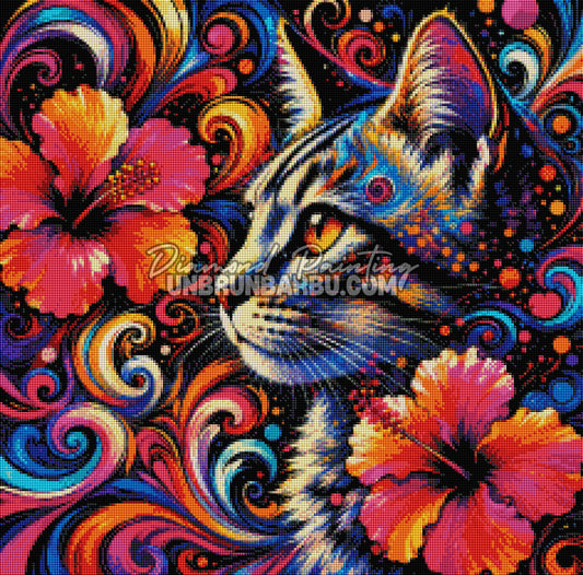 diamond painting chat des couleurs infinies 60x60 cm rendu diamante fleurs tropicales