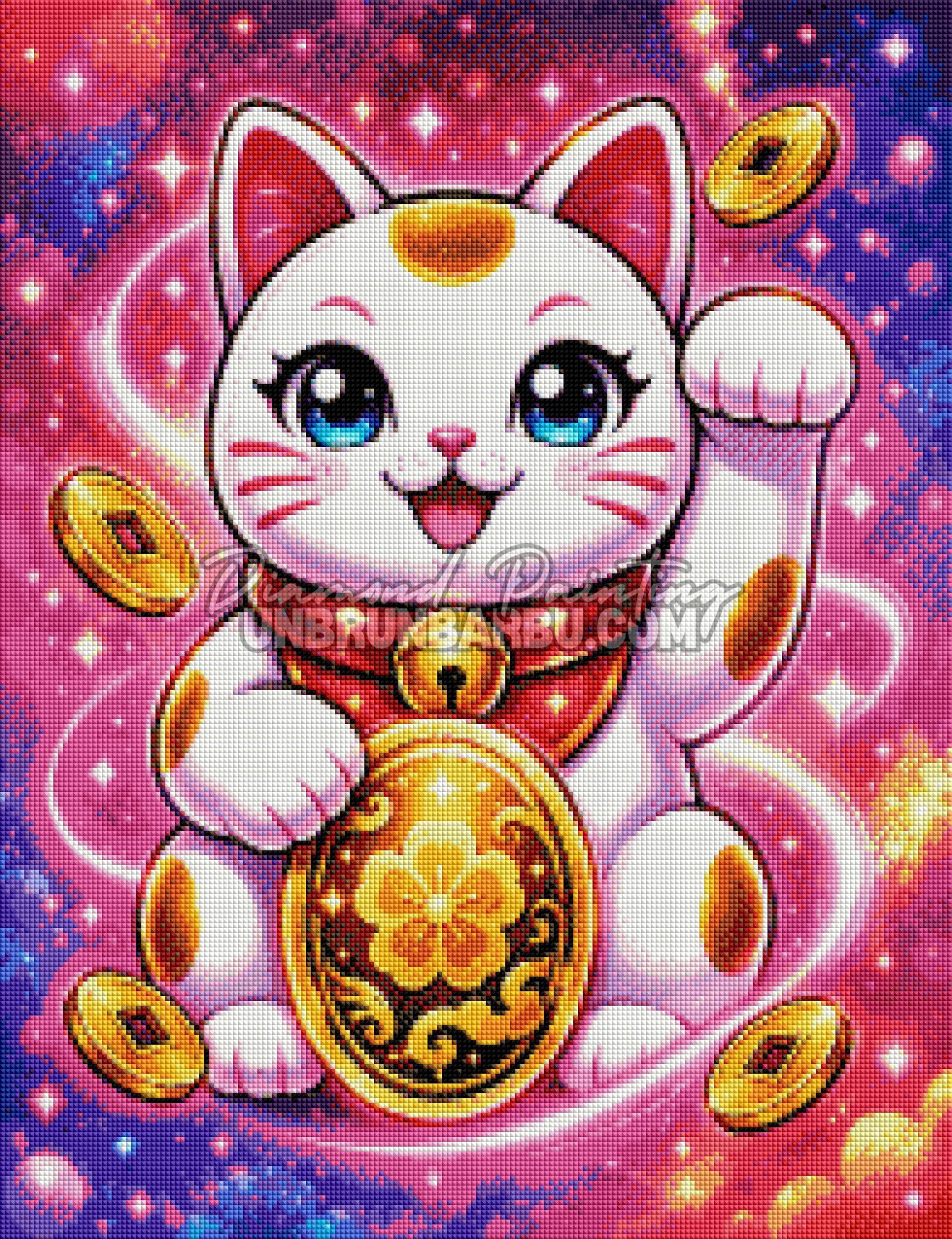 Layout Diamond Painting Chat des Mille Bonheurs 50x65 cm avec aperçu diamanté du chat kawaii et des pièces dorées