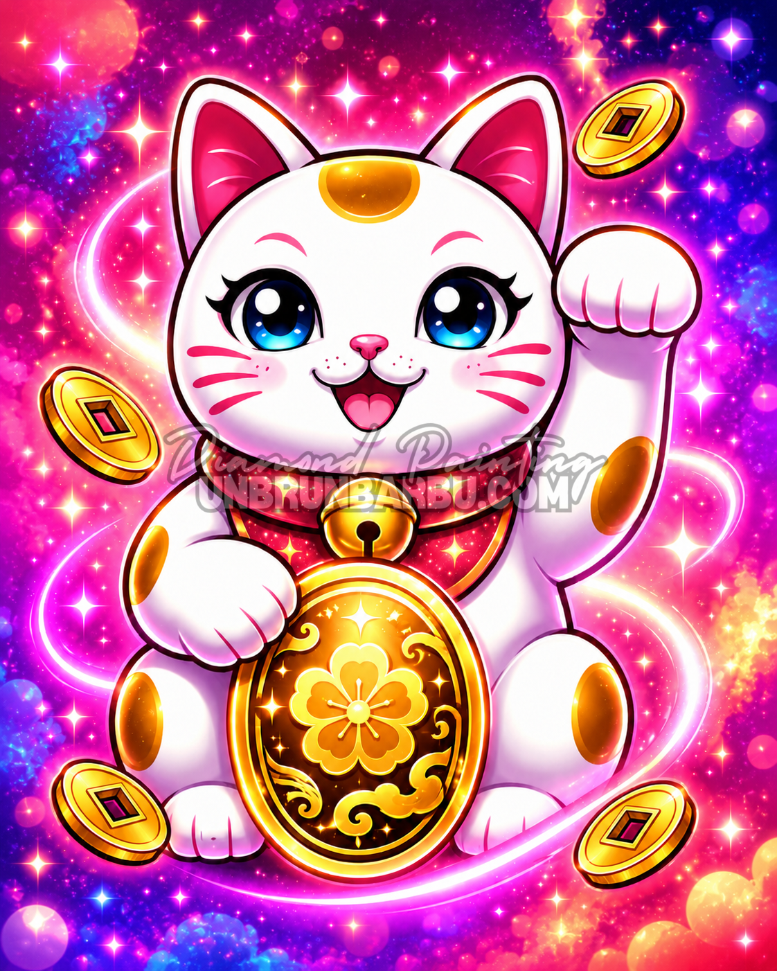 Diamond Painting Chat des Mille Bonheurs 50x65 cm avec chat porte-bonheur kawaii, pièces dorées, fond rose magique et étoiles