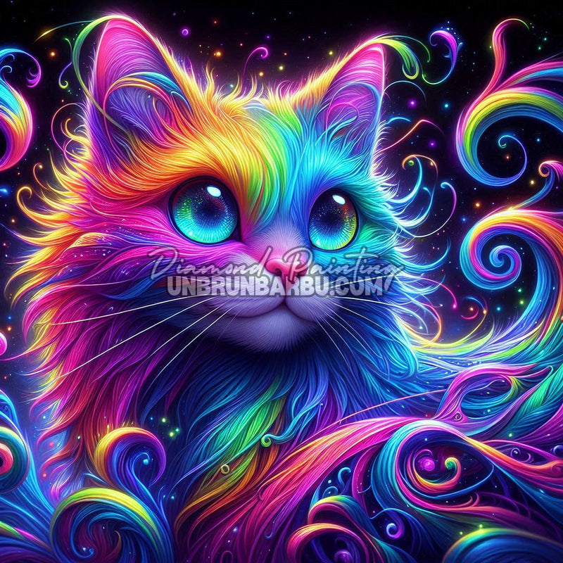 illustration diamond painting chat galactique couleurs neon