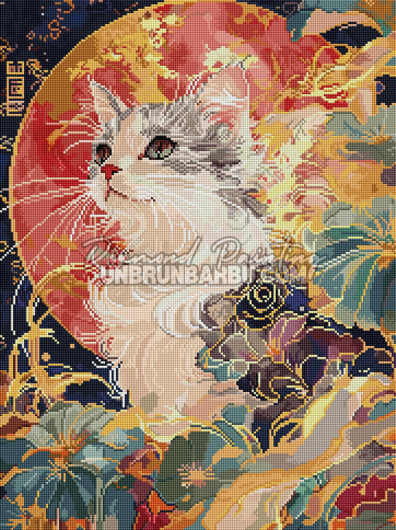 Rendu diamante du Diamond Painting Chat Jardin Imperial 45x60 cm avec chat argente, medaillon rouge et fleurs
