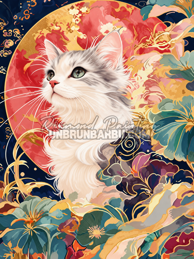Diamond Painting Chat Jardin Imperial 45x60 cm avec chat blanc aux yeux verts, fleurs rouges et details dores