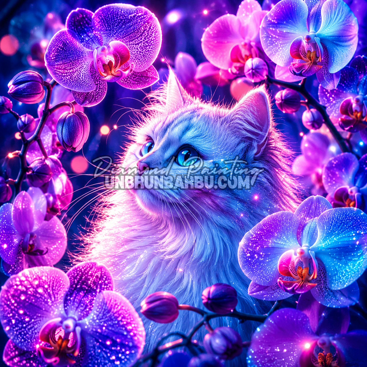 diamond painting chat magie orchidee 100x100 cm chat blanc fleurs lumineuses