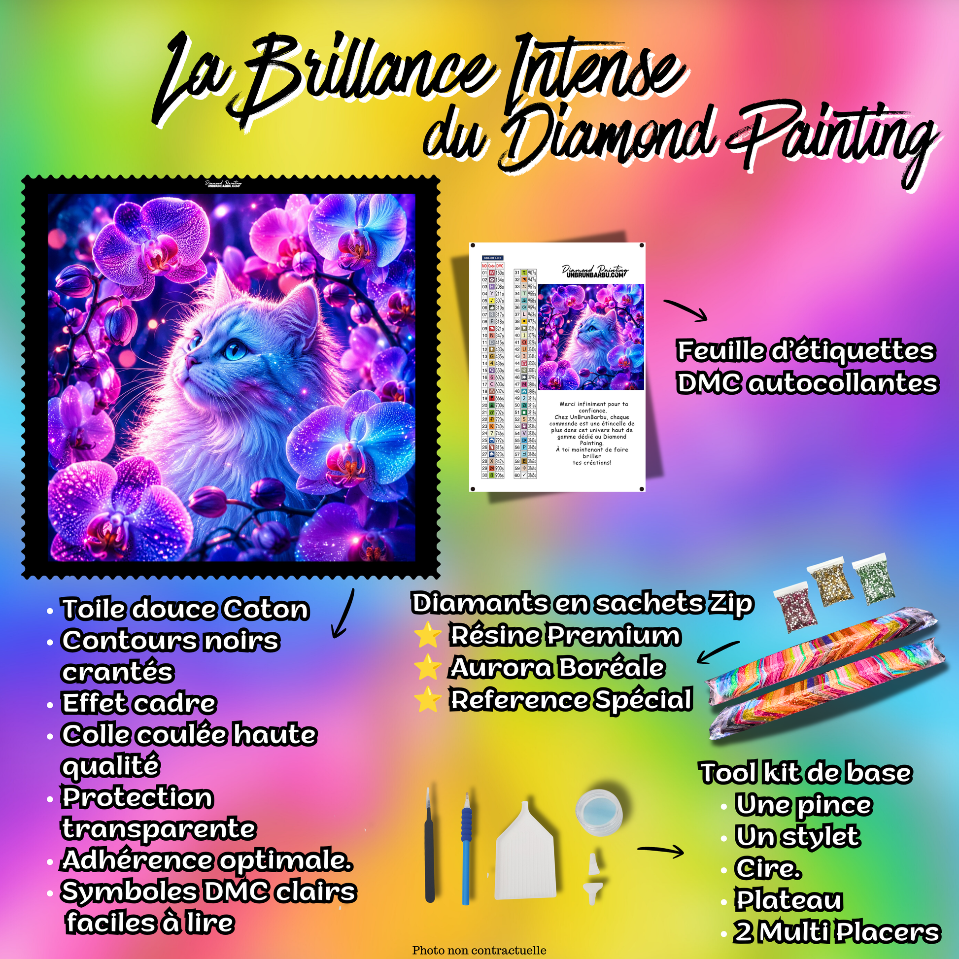 kit diamond painting chat magie orchidee 100x100 cm contenu premium complet