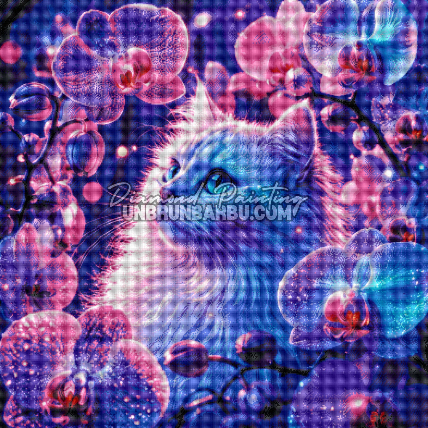 diamond painting chat magie orchidee 100x100 cm rendu diamante orchidées bleues roses