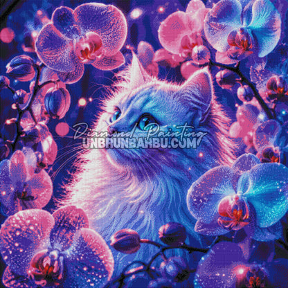 diamond painting chat magie orchidee 100x100 cm rendu diamante orchidées bleues roses