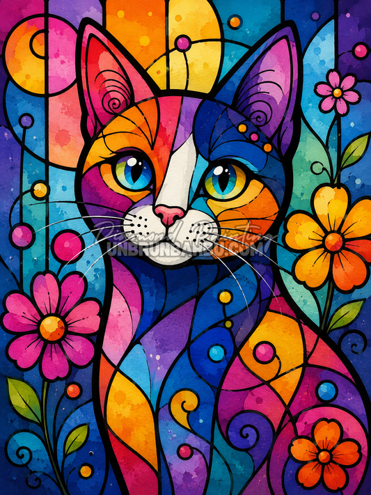 Diamond Painting Le Chat Pop Art 40x55 cm avec motifs colorés, contours noirs et fleurs