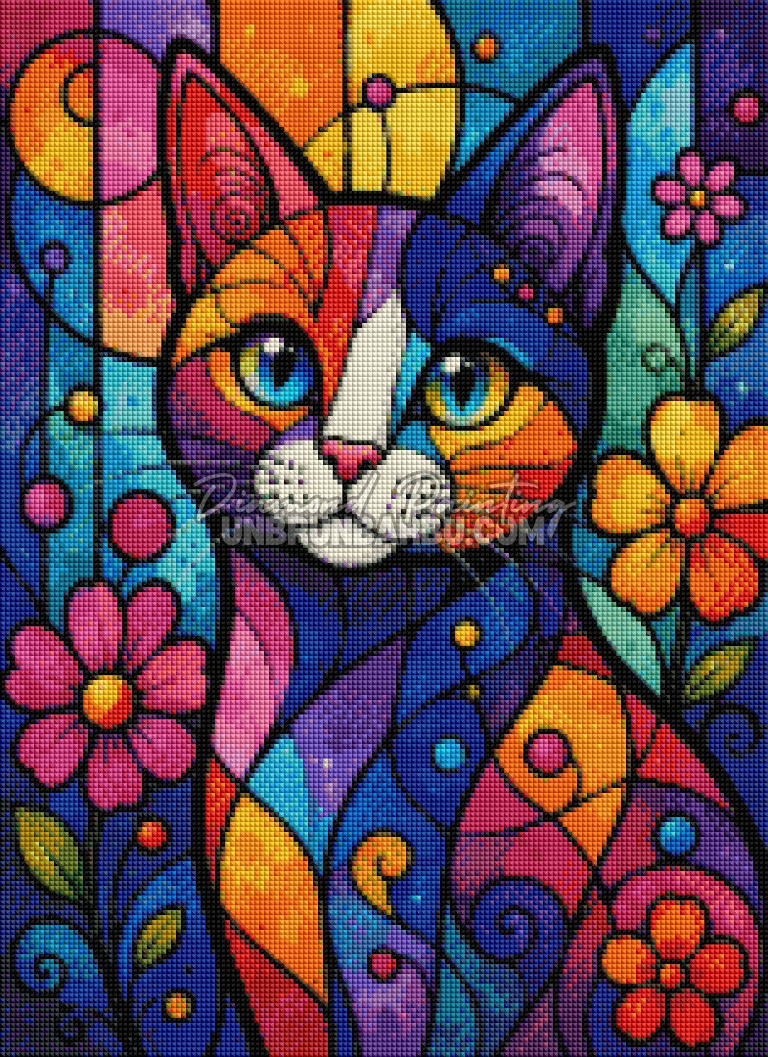 Rendu diamanté du Chat Pop Art 40x55 cm aux couleurs rose, bleu, violet et orange