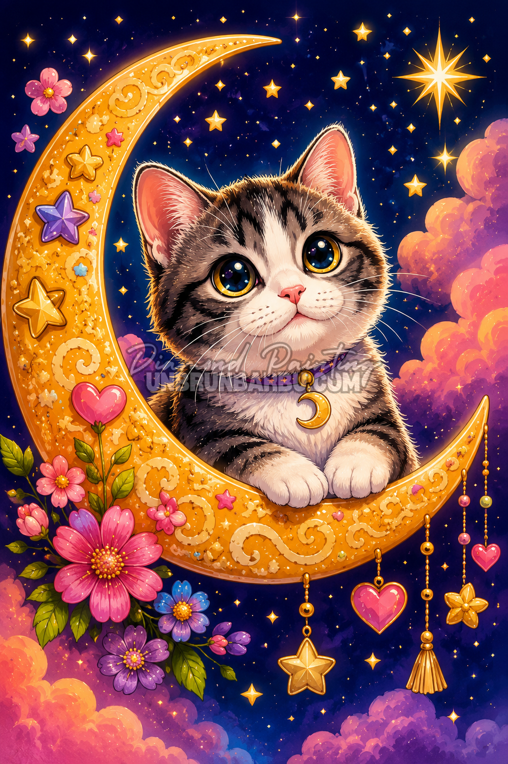 Diamond Painting Chat Prince de la Lune 60x90 cm avec chaton sur croissant de lune doré et ciel étoilé