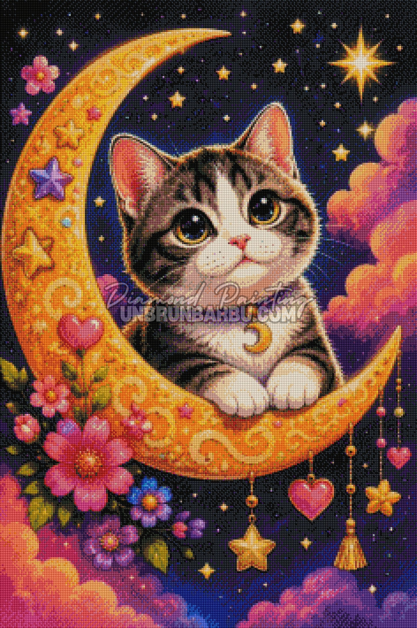 Rendu diamanté du Chat Prince de la Lune avec fleurs roses, étoiles dorées et nuages colorés