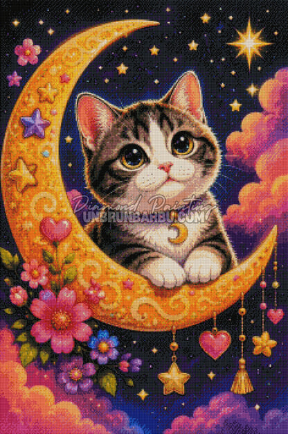 Rendu diamanté du Chat Prince de la Lune avec fleurs roses, étoiles dorées et nuages colorés