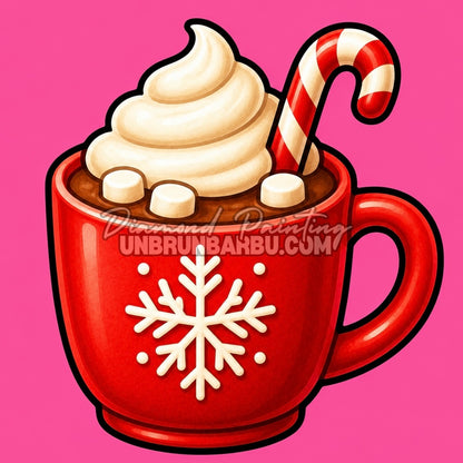 Diamond Painting chocolat chaud de Noël 30x30 cm avec chantilly et sucre d’orge sur fond rose
