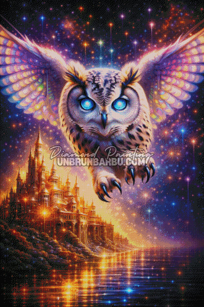 rendu diamond painting chouette effet brillant étoiles