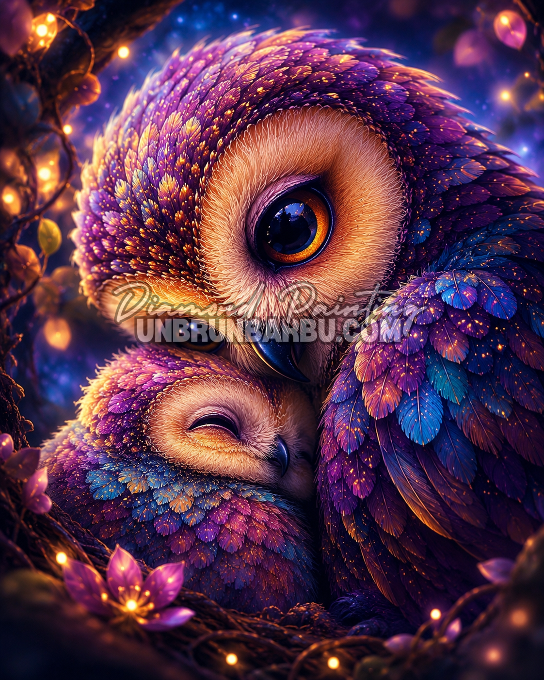 Illustration Diamond Painting Chouette Sous les Ailes de Maman 70x90 cm
