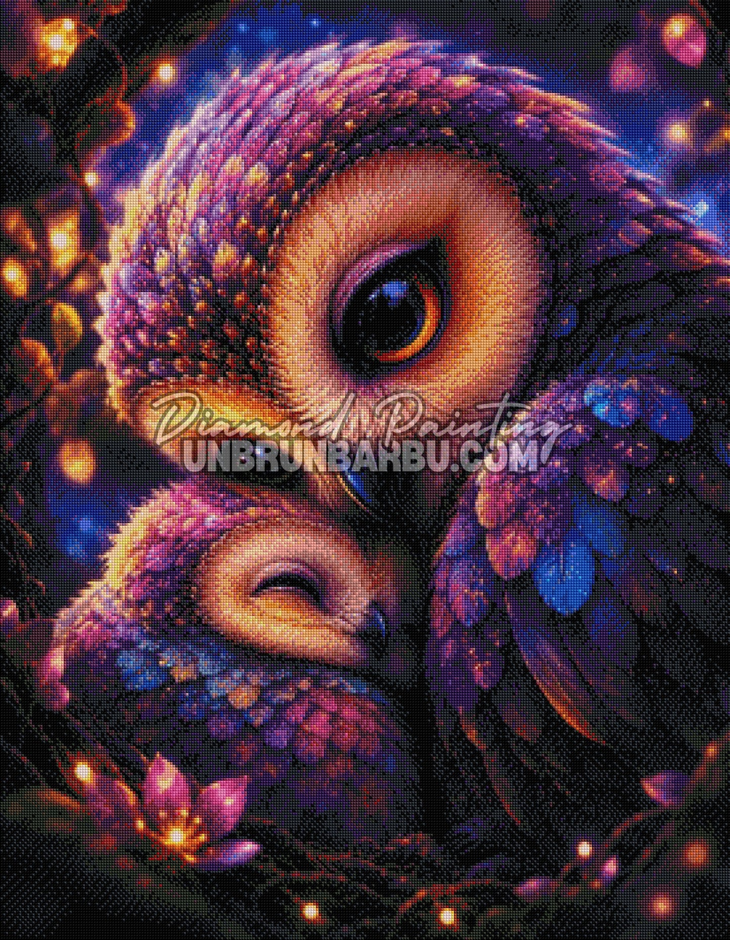 Layout Diamond Painting Chouette Sous les Ailes de Maman avec rendu diamants