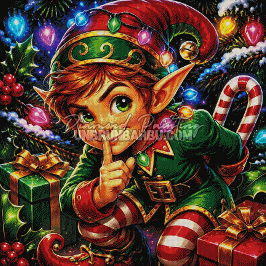 Rendu diamanté du Diamond Painting Chut le Lutin Arrive 110x110 cm avec lutin, lumières colorées et cadeaux de Noël