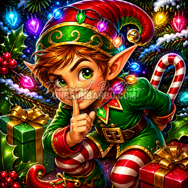 Diamond Painting Chut le Lutin Arrive 110x110 cm avec un lutin de Noël entouré de cadeaux et de guirlandes lumineuses