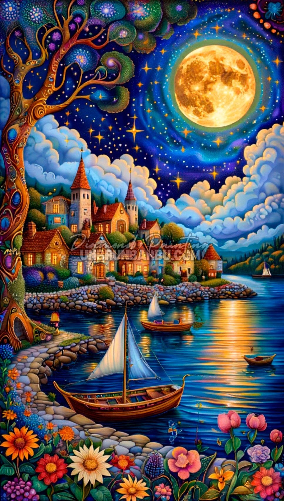 Diamond Painting Clair de Lune sur le Village 60x105 cm paysage nocturne avec pleine lune et voiliers