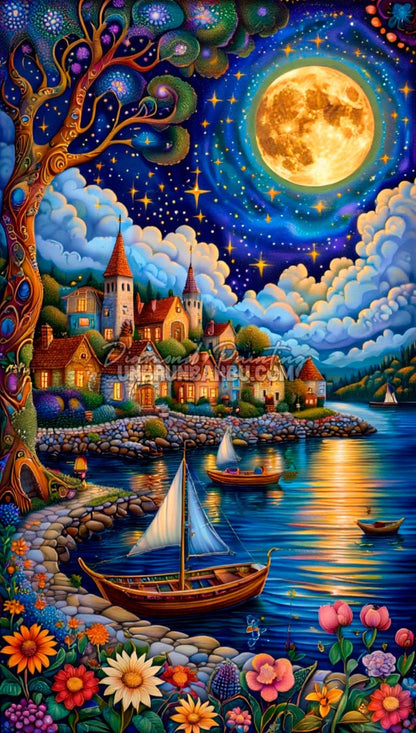 Diamond Painting Clair de Lune sur le Village 60x105 cm paysage nocturne avec pleine lune et voiliers